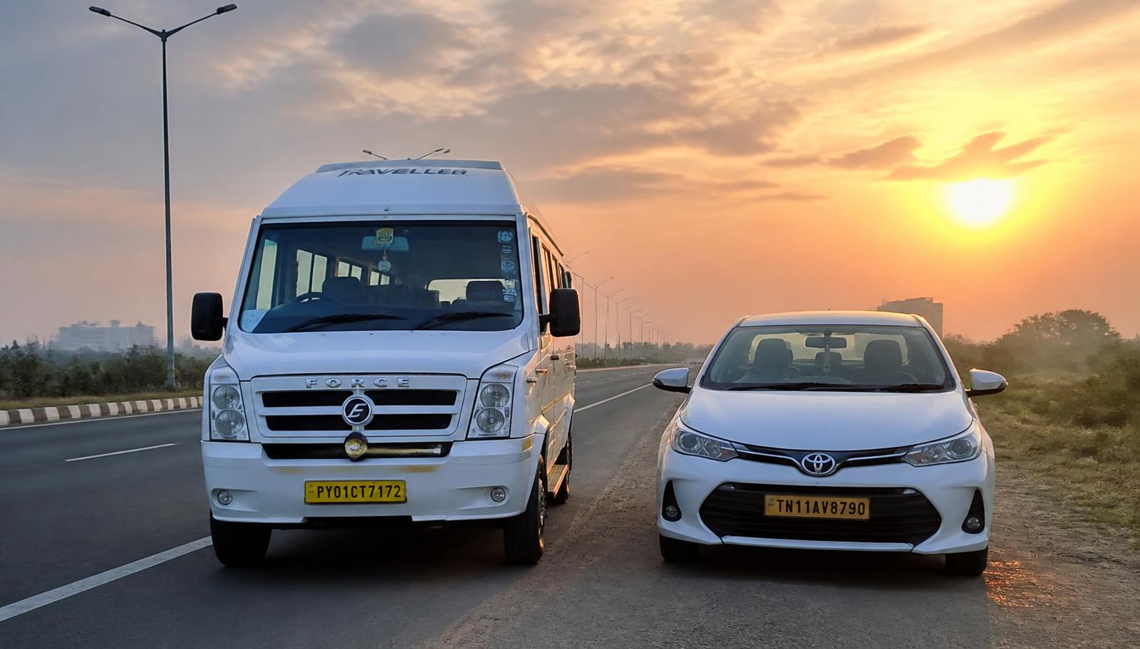 Travel van and car ready for an outstation trip from Chennai at sunrise
